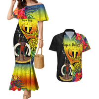 Vanuatu Tafea Day Couples Matching Mermaid Dress and Hawaiian Shirt Coat Of Arms Mix Tropical Flowers LT14 Black - Polynesian Pride