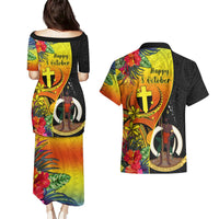 Vanuatu Tafea Day Couples Matching Puletasi Dress and Hawaiian Shirt Coat Of Arms Mix Tropical Flowers LT14 - Polynesian Pride