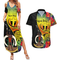 Vanuatu Tafea Day Couples Matching Summer Maxi Dress and Hawaiian Shirt Coat Of Arms Mix Tropical Flowers LT14 Black - Polynesian Pride