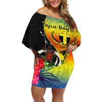 Vanuatu Tafea Day Off Shoulder Short Dress Coat Of Arms Mix Tropical Flowers LT14 Women Black - Polynesian Pride