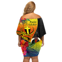 Vanuatu Tafea Day Off Shoulder Short Dress Coat Of Arms Mix Tropical Flowers LT14 - Polynesian Pride