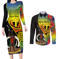 Personalised Vanuatu Tafea Day Couples Matching Long Sleeve Bodycon Dress and Long Sleeve Button Shirts Coat Of Arms Mix Tropical Flowers LT14 Black - Polynesian Pride