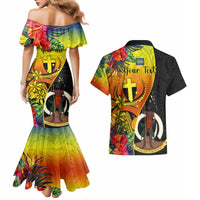 Personalised Vanuatu Tafea Day Couples Matching Mermaid Dress and Hawaiian Shirt Coat Of Arms Mix Tropical Flowers LT14 - Polynesian Pride