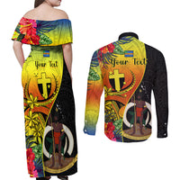 Personalised Vanuatu Tafea Day Couples Matching Off Shoulder Maxi Dress and Long Sleeve Button Shirts Coat Of Arms Mix Tropical Flowers LT14 - Polynesian Pride