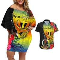 Personalised Vanuatu Tafea Day Couples Matching Off Shoulder Short Dress and Hawaiian Shirt Coat Of Arms Mix Tropical Flowers LT14 Black - Polynesian Pride