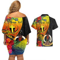 Personalised Vanuatu Tafea Day Couples Matching Off Shoulder Short Dress and Hawaiian Shirt Coat Of Arms Mix Tropical Flowers LT14 - Polynesian Pride