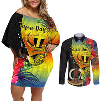 Personalised Vanuatu Tafea Day Couples Matching Off Shoulder Short Dress and Long Sleeve Button Shirts Coat Of Arms Mix Tropical Flowers LT14 Black - Polynesian Pride