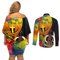 Personalised Vanuatu Tafea Day Couples Matching Off Shoulder Short Dress and Long Sleeve Button Shirts Coat Of Arms Mix Tropical Flowers LT14 - Polynesian Pride