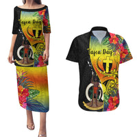 Personalised Vanuatu Tafea Day Couples Matching Puletasi Dress and Hawaiian Shirt Coat Of Arms Mix Tropical Flowers LT14 Black - Polynesian Pride
