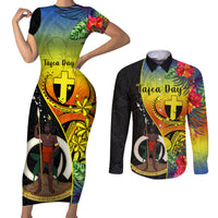 Personalised Vanuatu Tafea Day Couples Matching Short Sleeve Bodycon Dress and Long Sleeve Button Shirts Coat Of Arms Mix Tropical Flowers LT14 Black - Polynesian Pride