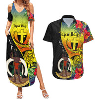 Personalised Vanuatu Tafea Day Couples Matching Summer Maxi Dress and Hawaiian Shirt Coat Of Arms Mix Tropical Flowers LT14 Black - Polynesian Pride