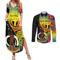 Personalised Vanuatu Tafea Day Couples Matching Summer Maxi Dress and Long Sleeve Button Shirts Coat Of Arms Mix Tropical Flowers LT14 Black - Polynesian Pride