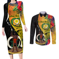 Vanuatu Torba Day Couples Matching Long Sleeve Bodycon Dress and Long Sleeve Button Shirts Coat Of Arms Mix Tropical Flowers LT14 Black - Polynesian Pride