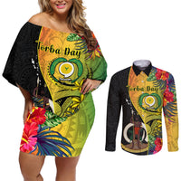 Vanuatu Torba Day Couples Matching Off Shoulder Short Dress and Long Sleeve Button Shirts Coat Of Arms Mix Tropical Flowers LT14 Black - Polynesian Pride