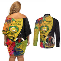 Vanuatu Torba Day Couples Matching Off Shoulder Short Dress and Long Sleeve Button Shirts Coat Of Arms Mix Tropical Flowers LT14 - Polynesian Pride