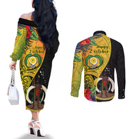 Vanuatu Torba Day Couples Matching Off The Shoulder Long Sleeve Dress and Long Sleeve Button Shirts Coat Of Arms Mix Tropical Flowers LT14 - Polynesian Pride