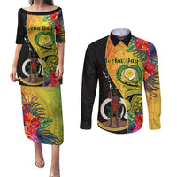 Vanuatu Torba Day Couples Matching Puletasi Dress and Long Sleeve Button Shirts Coat Of Arms Mix Tropical Flowers LT14 Black - Polynesian Pride
