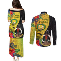 Vanuatu Torba Day Couples Matching Puletasi Dress and Long Sleeve Button Shirts Coat Of Arms Mix Tropical Flowers LT14 - Polynesian Pride