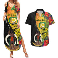 Vanuatu Torba Day Couples Matching Summer Maxi Dress and Hawaiian Shirt Coat Of Arms Mix Tropical Flowers LT14 Black - Polynesian Pride