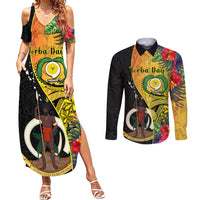Vanuatu Torba Day Couples Matching Summer Maxi Dress and Long Sleeve Button Shirts Coat Of Arms Mix Tropical Flowers LT14 Black - Polynesian Pride