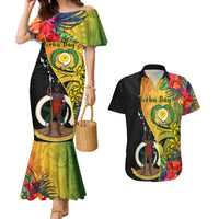 Personalised Vanuatu Torba Day Couples Matching Mermaid Dress and Hawaiian Shirt Coat Of Arms Mix Tropical Flowers LT14 Black - Polynesian Pride