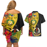 Personalised Vanuatu Torba Day Couples Matching Off Shoulder Short Dress and Hawaiian Shirt Coat Of Arms Mix Tropical Flowers LT14 - Polynesian Pride
