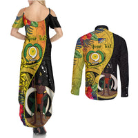 Personalised Vanuatu Torba Day Couples Matching Summer Maxi Dress and Long Sleeve Button Shirts Coat Of Arms Mix Tropical Flowers LT14 - Polynesian Pride