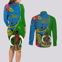 Vanuatu Malampa Day Couples Matching Long Sleeve Bodycon Dress and Long Sleeve Button Shirts Coat Of Arms Mix Tropical Flowers LT14 - Polynesian Pride