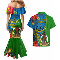 Vanuatu Malampa Day Couples Matching Mermaid Dress and Hawaiian Shirt Coat Of Arms Mix Tropical Flowers LT14 - Polynesian Pride