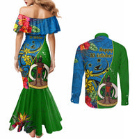 Vanuatu Malampa Day Couples Matching Mermaid Dress and Long Sleeve Button Shirts Coat Of Arms Mix Tropical Flowers LT14 - Polynesian Pride