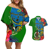 Vanuatu Malampa Day Couples Matching Off Shoulder Short Dress and Hawaiian Shirt Coat Of Arms Mix Tropical Flowers LT14 Green - Polynesian Pride
