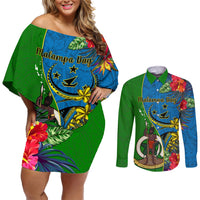 Vanuatu Malampa Day Couples Matching Off Shoulder Short Dress and Long Sleeve Button Shirts Coat Of Arms Mix Tropical Flowers LT14 Green - Polynesian Pride