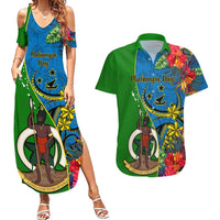 Vanuatu Malampa Day Couples Matching Summer Maxi Dress and Hawaiian Shirt Coat Of Arms Mix Tropical Flowers LT14 Green - Polynesian Pride