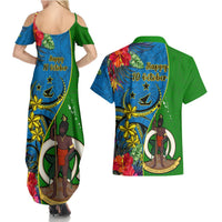 Vanuatu Malampa Day Couples Matching Summer Maxi Dress and Hawaiian Shirt Coat Of Arms Mix Tropical Flowers LT14 - Polynesian Pride