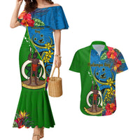 Personalised Vanuatu Malampa Day Couples Matching Mermaid Dress and Hawaiian Shirt Coat Of Arms Mix Tropical Flowers LT14 Green - Polynesian Pride