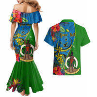 Personalised Vanuatu Malampa Day Couples Matching Mermaid Dress and Hawaiian Shirt Coat Of Arms Mix Tropical Flowers LT14 - Polynesian Pride