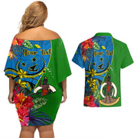 personalised-vanuatu-malampa-day-couples-matching-off-shoulder-short-dress-and-hawaiian-shirt-coat-of-arms-mix-tropical-flowers