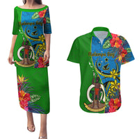 Personalised Vanuatu Malampa Day Couples Matching Puletasi Dress and Hawaiian Shirt Coat Of Arms Mix Tropical Flowers LT14 Green - Polynesian Pride