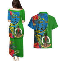 Personalised Vanuatu Malampa Day Couples Matching Puletasi Dress and Hawaiian Shirt Coat Of Arms Mix Tropical Flowers LT14 - Polynesian Pride