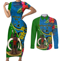 Personalised Vanuatu Malampa Day Couples Matching Short Sleeve Bodycon Dress and Long Sleeve Button Shirts Coat Of Arms Mix Tropical Flowers LT14 Green - Polynesian Pride