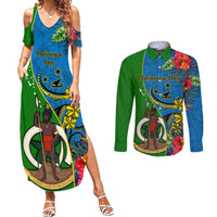 Personalised Vanuatu Malampa Day Couples Matching Summer Maxi Dress and Long Sleeve Button Shirts Coat Of Arms Mix Tropical Flowers LT14 Green - Polynesian Pride