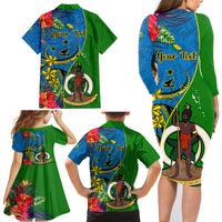 personalised-vanuatu-malampa-day-family-matching-long-sleeve-bodycon-dress-and-hawaiian-shirt-coat-of-arms-mix-tropical-flowers