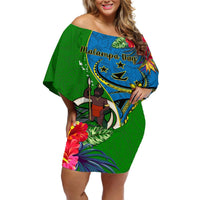 Personalised Vanuatu Malampa Day Off Shoulder Short Dress Coat Of Arms Mix Tropical Flowers LT14 Women Green - Polynesian Pride
