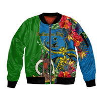 Personalised Vanuatu Malampa Day Sleeve Zip Bomber Jacket Coat Of Arms Mix Tropical Flowers LT14 Unisex Green - Polynesian Pride