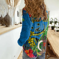Personalised Vanuatu Malampa Day Women Casual Shirt Coat Of Arms Mix Tropical Flowers LT14 - Polynesian Pride