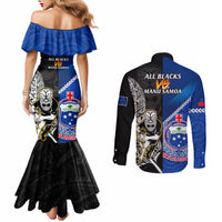 New Zealand And Samoa Rugby Couples Matching Mermaid Dress and Long Sleeve Button Shirts All Black Tiki Fern Mix Manu Samoa 2023 World Cup LT14 - Polynesian Pride