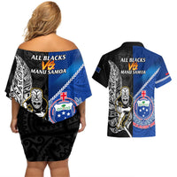 New Zealand And Samoa Rugby Couples Matching Off Shoulder Short Dress and Hawaiian Shirt All Black Tiki Fern Mix Manu Samoa 2023 World Cup LT14 - Polynesian Pride