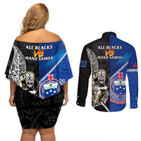 New Zealand And Samoa Rugby Couples Matching Off Shoulder Short Dress and Long Sleeve Button Shirts All Black Tiki Fern Mix Manu Samoa 2023 World Cup LT14 - Polynesian Pride