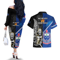 New Zealand And Samoa Rugby Couples Matching Off The Shoulder Long Sleeve Dress and Hawaiian Shirt All Black Tiki Fern Mix Manu Samoa 2023 World Cup LT14 - Polynesian Pride