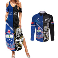 New Zealand And Samoa Rugby Couples Matching Summer Maxi Dress and Long Sleeve Button Shirts All Black Tiki Fern Mix Manu Samoa 2023 World Cup LT14 Black - Polynesian Pride